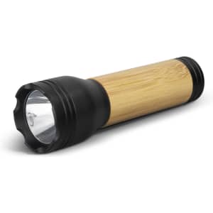 A rechargeable torch with a bamboo body and black ends, featuring a bright light at the front and a logo.