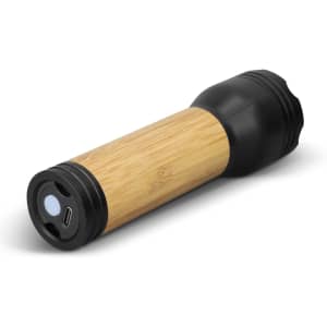 A rechargeable bamboo torch with a black end cap and USB charging port, featuring a sleek, natural bamboo body.
