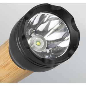 A bamboo torch with a black head and a clear lens, featuring a single LED light in the centre.