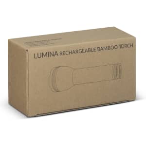 A cardboard box containing a Lumina rechargeable bamboo torch, featuring a simple outline illustration of the product.