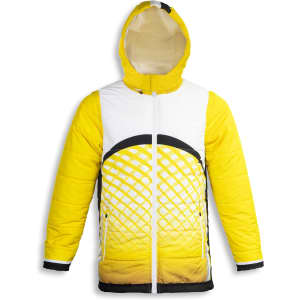 A custom reversible puffer jacket in bright yellow and white, featuring a unique geometric pattern and a hood.