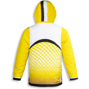 A custom reversible puffer jacket in yellow with a geometric design, featuring a hood and a logo.