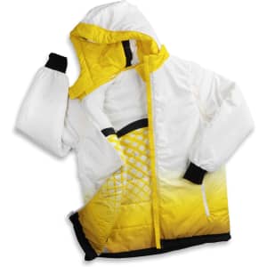 A custom reversible puffer jacket in white and yellow, featuring a hood and a sleek design.