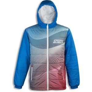 A blue and grey puffer jacket featuring a wave pattern and a hood, with zipped pockets and a logo on the front.