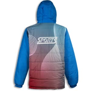 A blue and grey custom puffer jacket featuring a stylised logo and curved line designs on the back.