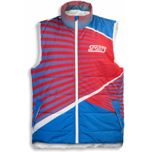 A custom puffer vest in red and blue with a logo, featuring a stylish geometric design.