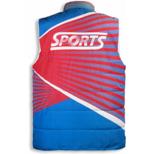 A custom puffer vest featuring red and blue colours with a modern design and a logo on the back.