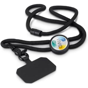 A black phone lanyard with a circular attachment featuring a logo and a rectangular tag for identification.