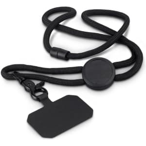 A black Roam Phone Lanyard with a detachable hook and a flat tag for identification or accessories.