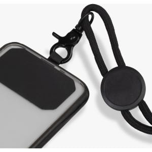 A black phone lanyard with a clear protective case, featuring a secure attachment clip and a circular adjustment piece.