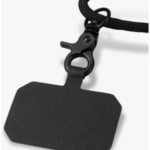 A black phone lanyard with a textured tag and a clip for attachment. It features a simple, minimalist design.