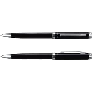 A black pen and pencil set with silver accents and a branding logo. The pen features a smooth finish, while the pencil has a textured grip.