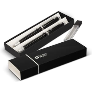 A black pen and pencil set in an elegant box, featuring a logo and silver accents.
