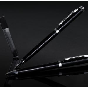 A black pen and pencil set with a sleek design, featuring metallic accents and a clear display case.