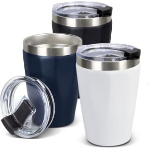 A drink bottle set featuring three vacuum tumblers in navy, black, and white, with stainless steel accents and lids.
