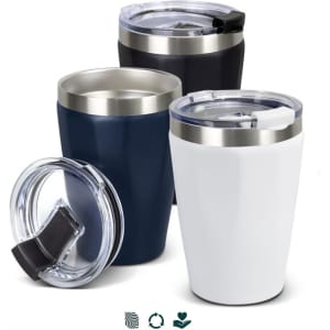 A drink bottle featuring a stainless steel lid, available in navy, black, and white. Includes a logo on the tumbler.