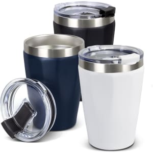 A drink bottle set featuring three vacuum tumblers in navy, black, and white, each with a clear lid and a logo.