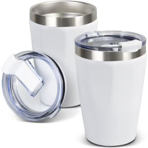 A drink bottle featuring a sleek white exterior and stainless steel trim, with a clear lid.