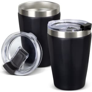 A drink bottle set featuring two black stainless steel vacuum tumblers with silver accents and clear lids.