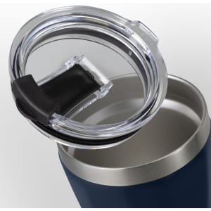 A drink bottle featuring a navy exterior and a clear lid, showcasing the inner stainless steel design.