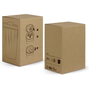 A drink bottle in a brown cardboard box with illustrations and a logo, designed for a vacuum tumbler.