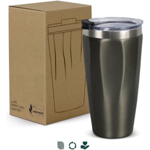 A drink bottle in dark grey with a stainless steel lid, accompanied by a cardboard box. Features a logo.