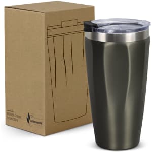 A drink bottle in matte olive green with a stainless steel lid, presented in a rectangular cardboard box.