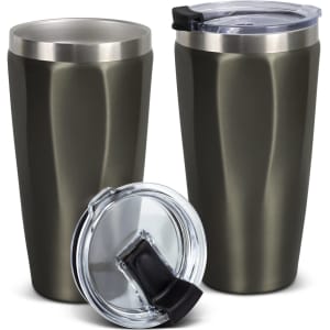 A drink bottle set featuring two olive green vacuum tumblers with stainless steel accents and clear lids.