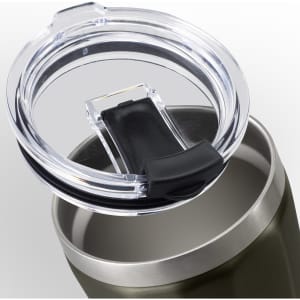 A drink bottle with a stainless steel body and a clear plastic lid featuring a black sliding cover.