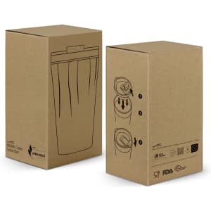A drink bottle packaged in a brown cardboard box, featuring a minimalist design and a logo.