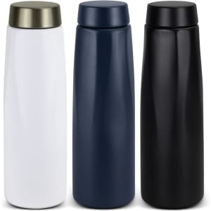 A drink bottle set featuring three 500ml bottles in white, navy blue, and black, with a sleek design and a logo.