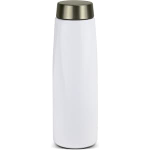 A drink bottle in white with a metallic grey lid, featuring a sleek, tapered design and a logo.