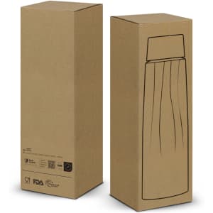 A drink bottle packaging in brown cardboard, featuring a simple line drawing of a bottle on the front.