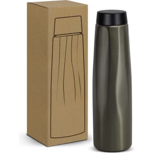 A drink bottle in an olive green finish, accompanied by a plain cardboard box and a black lid.