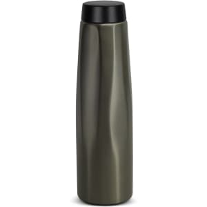 A drink bottle in a sleek, olive green finish with a black lid. Features a logo on the side.