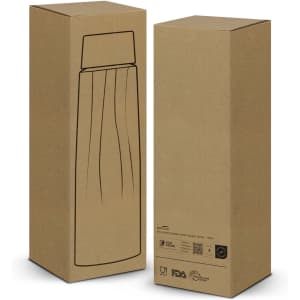 A drink bottle in a tall, slender cardboard packaging. The bottle is illustrated on the box and features a logo.