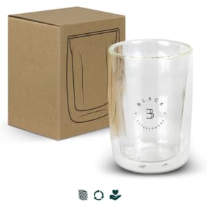 A double wall glass in clear and black, presented with a brown cardboard box. It features a branding logo.