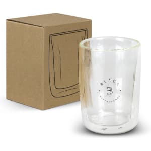 A double wall glass with a clear finish, presented next to a plain brown box. It features a logo.