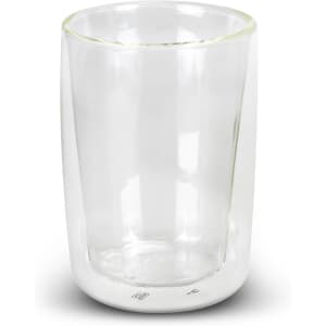 A double wall glass vessel with a clear design, featuring a smooth finish and a branded logo.