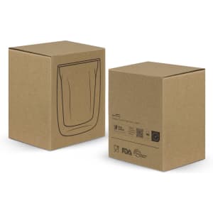 A glassware box featuring the SPICE Calypso Double Wall Glass, showcasing a simple, eco-friendly design in brown.