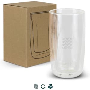 A double wall glass featuring a clear design, presented with a kraft box, showcasing its sleek and modern style.