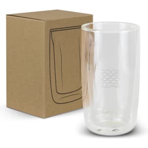 A clear double wall glass stored in a brown cardboard box. The glass features a logo on its surface.