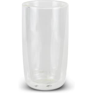 A double wall glass with a clear design, holding 330ml, featuring a subtle branding logo.