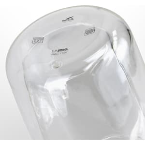 A clear double wall glass with a smooth surface and a logo, designed for beverages, holds 330ml.