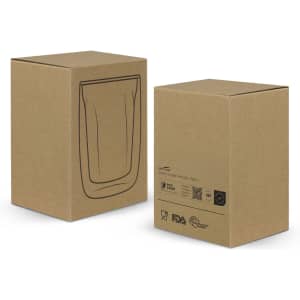 A glassware product box featuring a double wall glass with a minimalist design, in a natural brown colour.