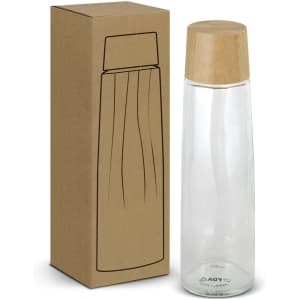 A drink bottle in clear glass with a wooden lid, displayed beside a brown packaging box.