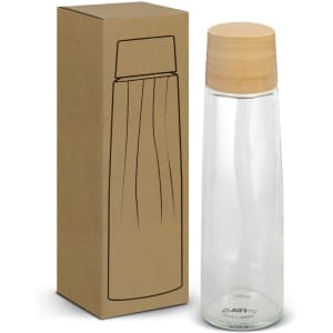 A drink bottle featuring a clear glass body and a wooden lid, presented in a cardboard box.
