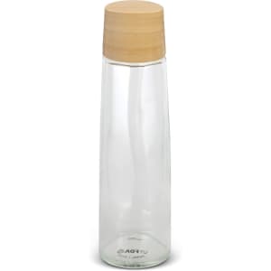 A drink bottle made of clear glass with a bamboo lid, featuring a sleek and modern design.