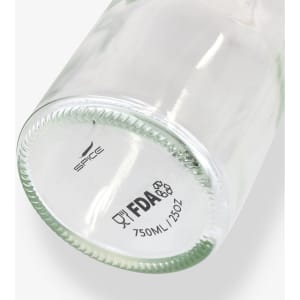 A glass drink bottle with a transparent finish, featuring a branding logo and a 750ml capacity.