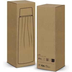 A drink bottle packaging in a brown cardboard box with an illustrated design, featuring a logo.